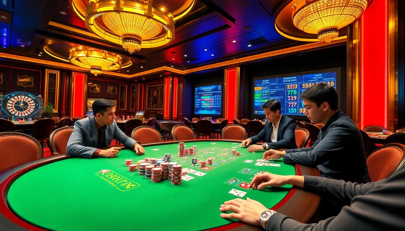 Engaged players enjoying high-stakes poker while showcasing chips and cards at 13win casino.