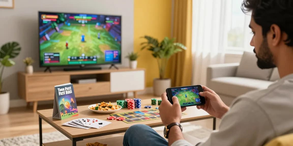 Player enjoying the Teen Patti Boss app on a smartphone, surrounded by gaming accessories and a lively atmosphere.