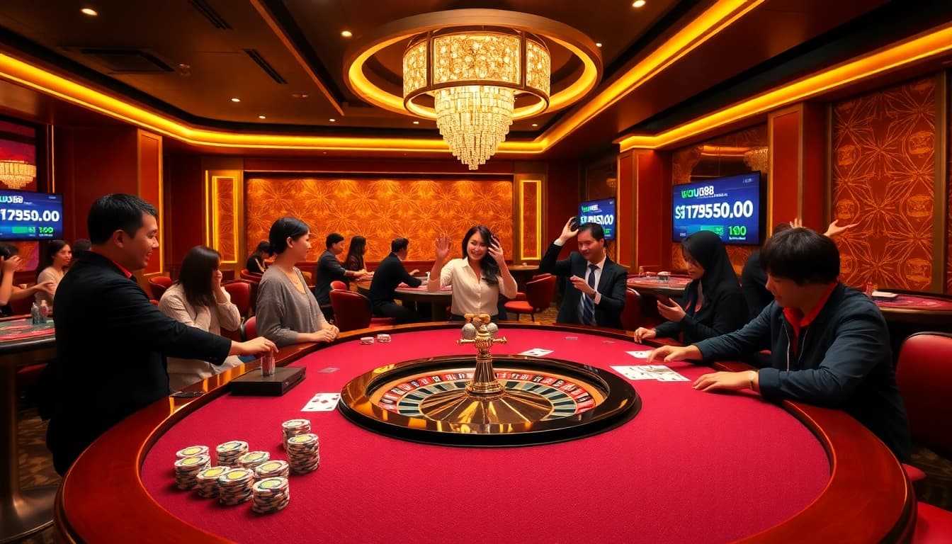 Players celebrating wins at a luxurious casino table, highlighting uu88 gaming experience.