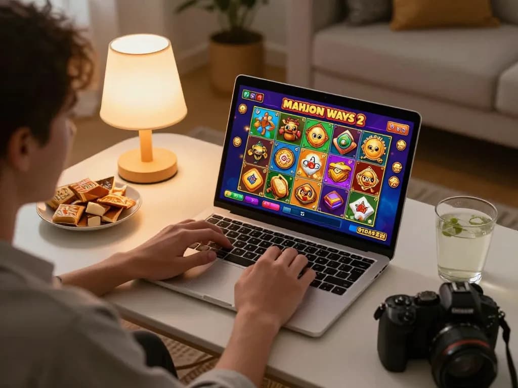 Enjoying the online slot game situs slot mahjong on a cozy laptop setup with snacks and drinks.