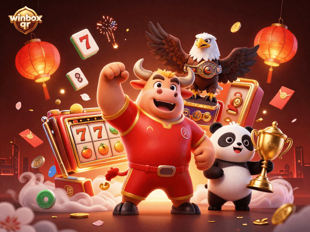 Winbox qr captures excitement with vibrant casino characters, reels, and festive elements