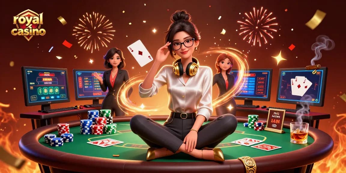 Engage with royal x casino's vibrant atmosphere featuring a stylish woman and poker elements.