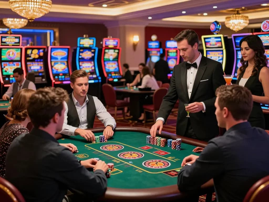 Casino gaming scene at https://32win.agency/ with diverse players, bright slot machines, and vibrant atmosphere