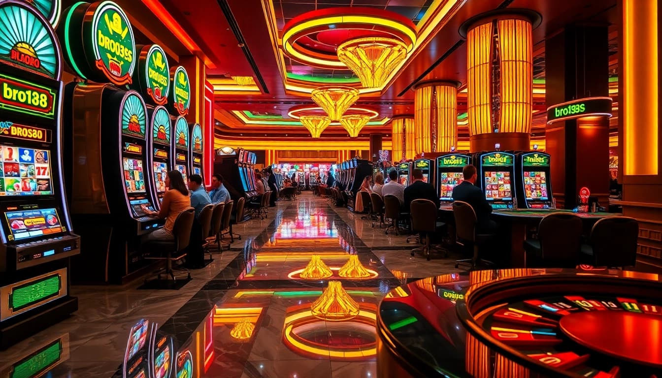 Excited players enjoying bro138 slot in a vibrant casino atmosphere.