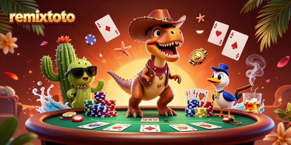 Play poker with remixtoto at a vibrant 3D scene featuring a T-Rex cowboy and colorful chips.