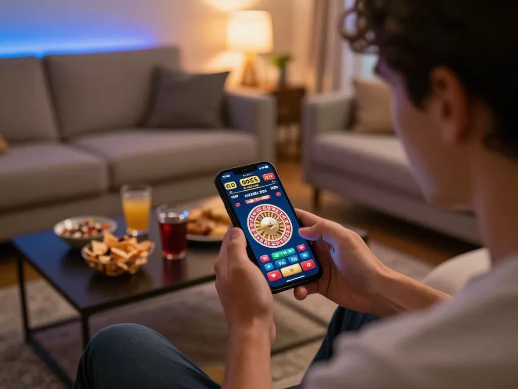 Engaged player betting on god55 mobile casino app, highlighting home gaming experience.