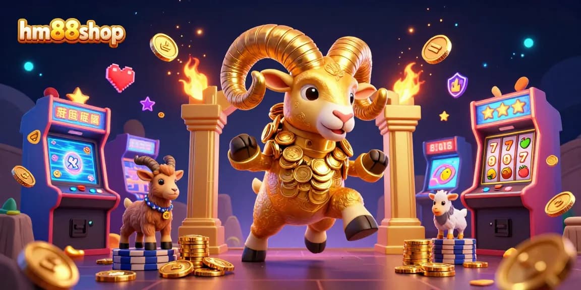 Experience the vibrant world of hm88shop with a charging golden ram amidst dazzling casino elements.