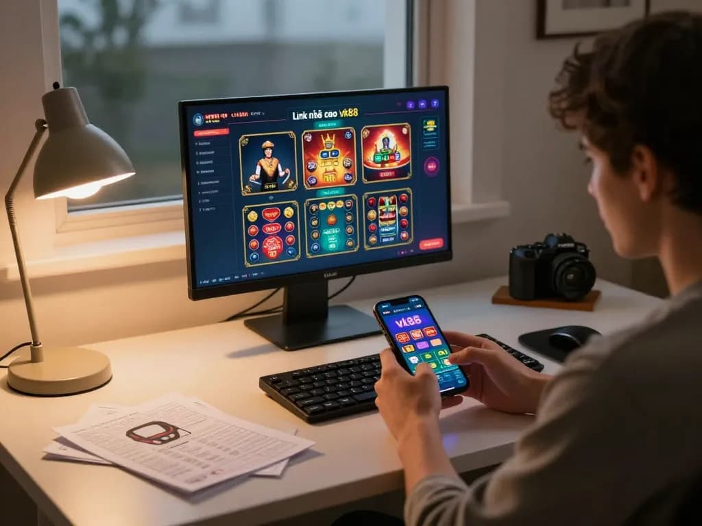 Engaging with casino app displaying Link nhà cái Vk88 on smartphone for immersive online gaming experience