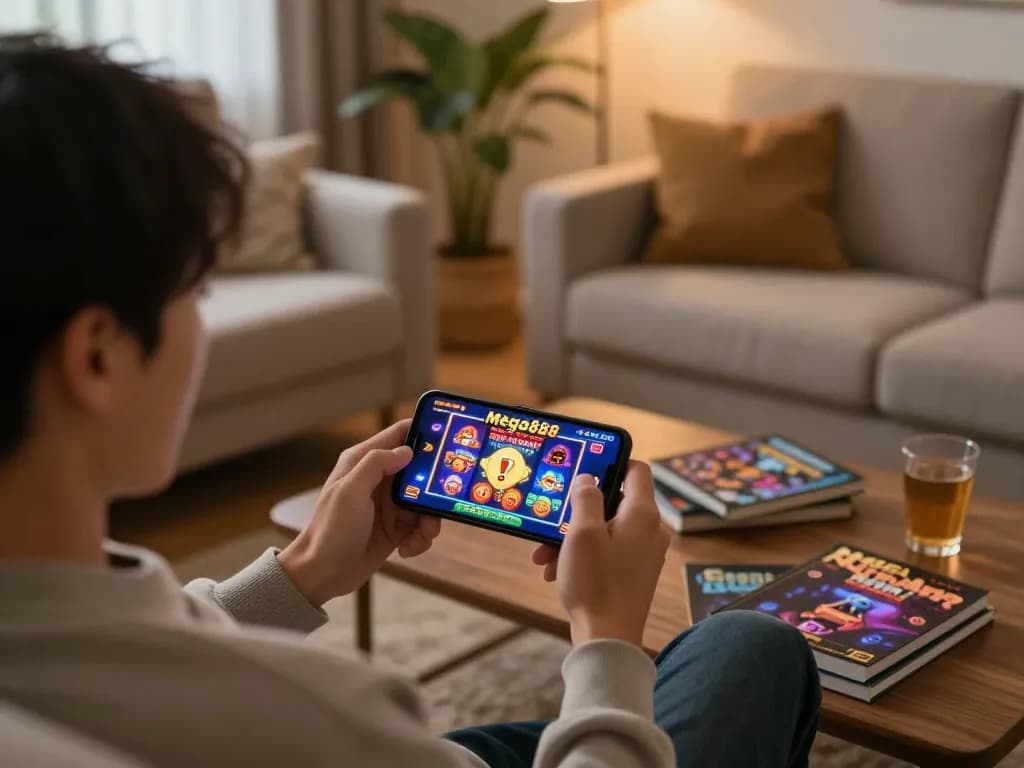 Playing the mega888 apk on a smartphone at home, showcasing a lively slot game