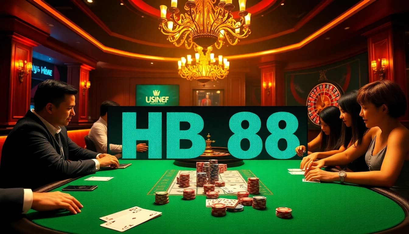 Players enjoying high-stakes poker at an HB88-themed casino table with vibrant chips and cards.