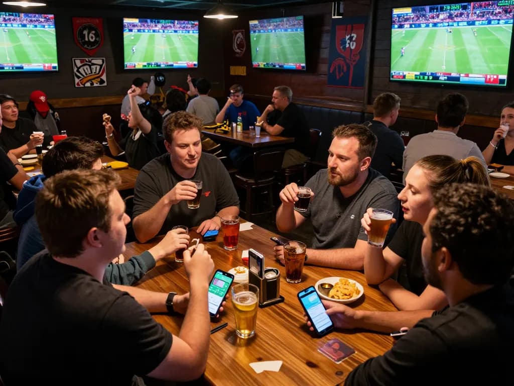 Fans engaging in sports betting at a bar, showcasing the debet88 app on smartphones amid a lively atmosphere