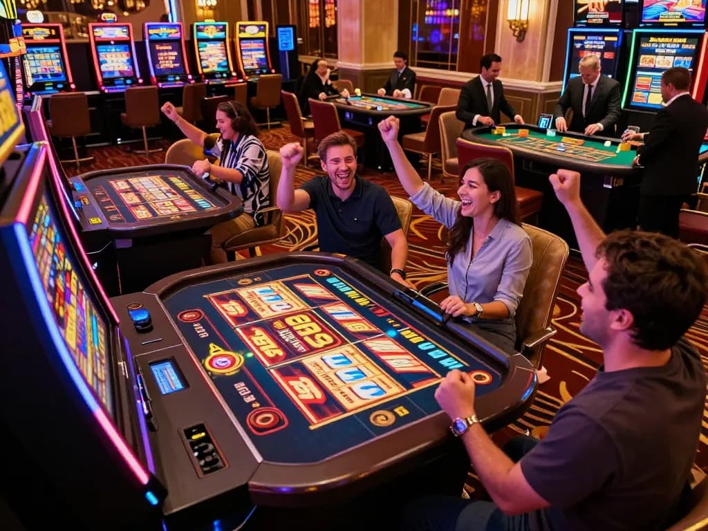 Mega888 Slot players celebrating wins amid vibrant casino atmosphere with colorful lights.