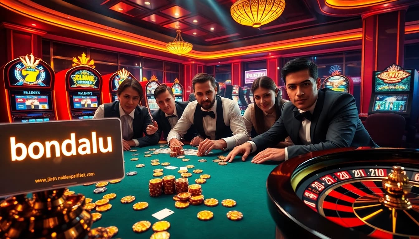 Excited players at a poker table in a luxurious casino featuring bongdalu football betting insights.