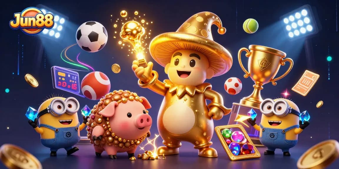 Experience exciting gameplay at Jun88 with a magical illustration of a golden mushroom wizard surrounded by treasure.