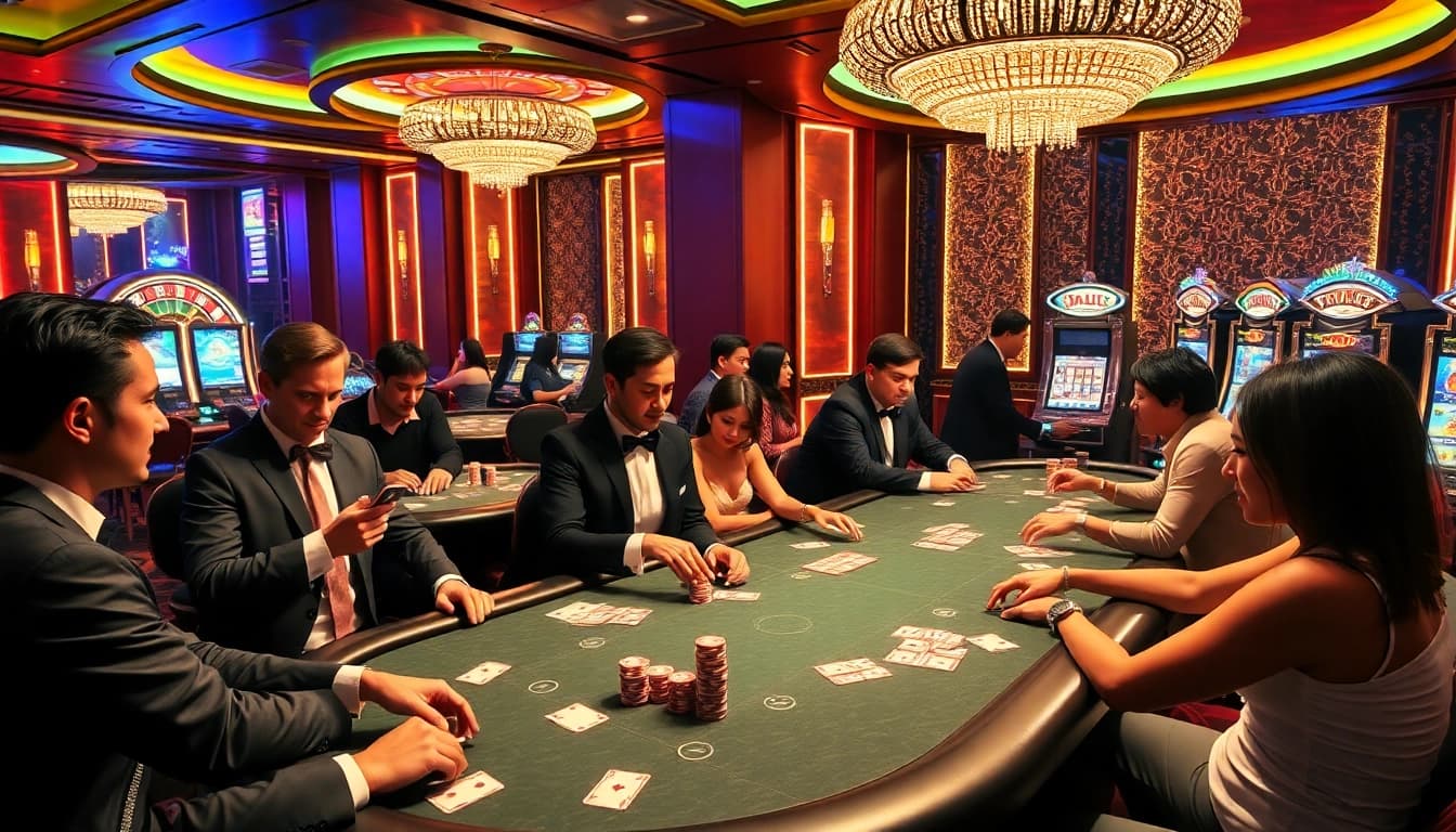 Experience the thrill of 99ok at vibrant poker tables with excited players and a rich casino atmosphere.