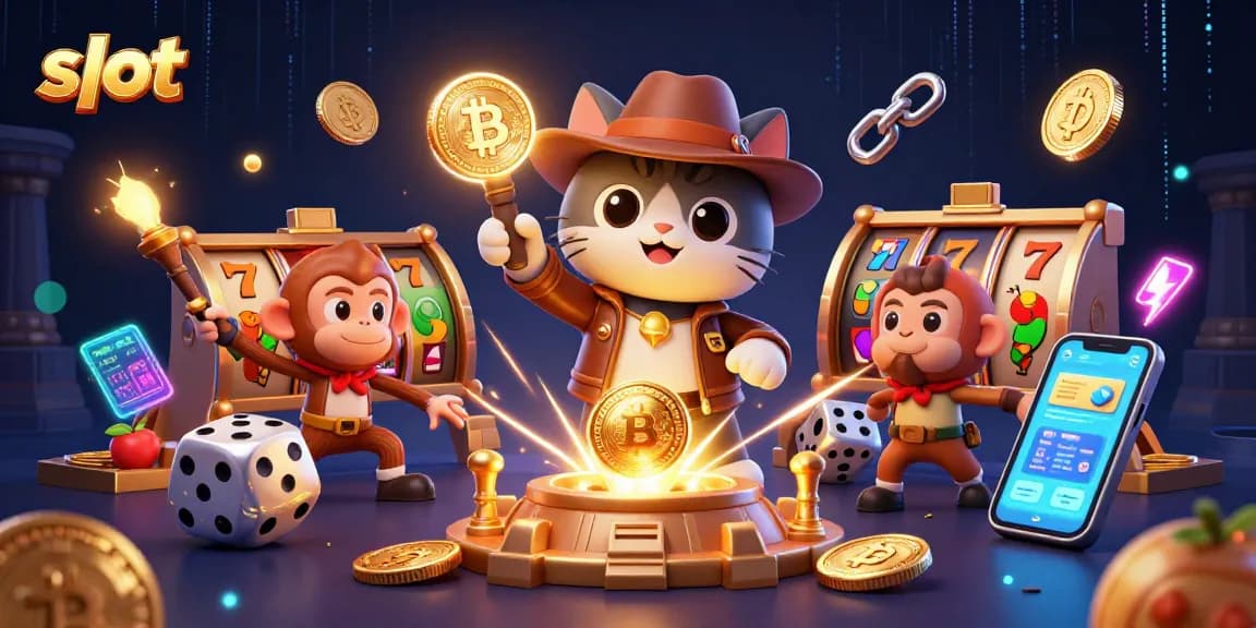 Slot online yang menarik dengan karakter penjelajah dan artefak kasino emas dalam ilustrasi 3D.