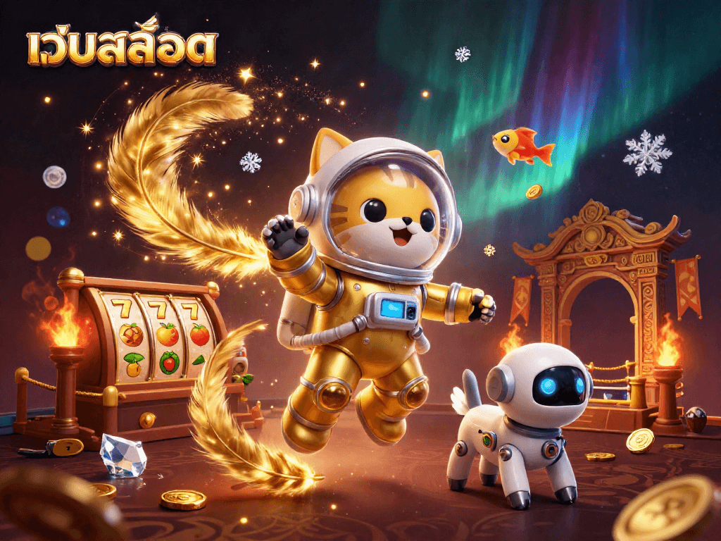 Experience thrilling เว็บสล็อต action with a charismatic astronaut cat in a golden space suit and dynamic slot elements.