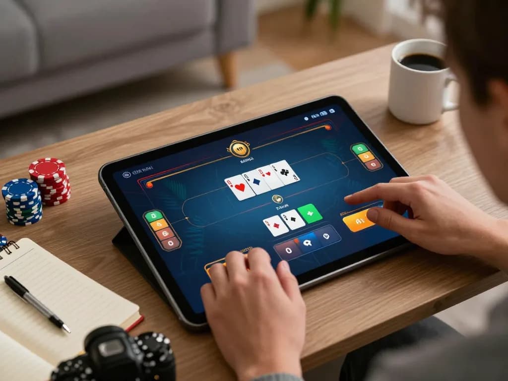 Engaging in online poker with 789-style gameplay at home, showcasing strategic betting moments.