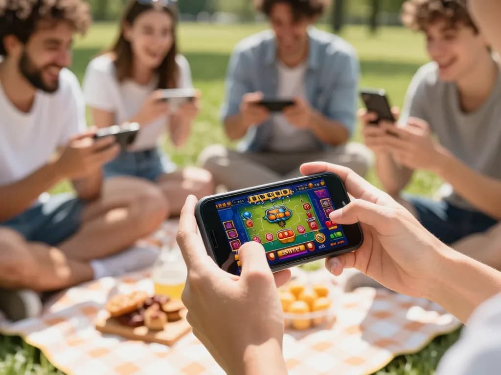 Playing game bài on a smartphone during social gathering in sunny outdoor setting