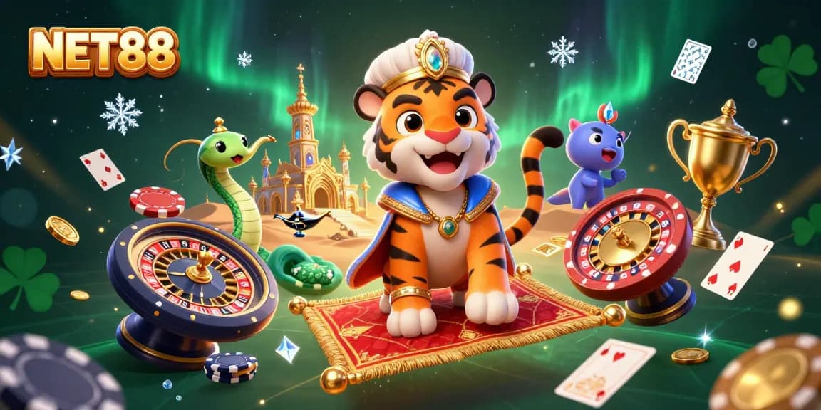 Engage with NET88's thrilling casino experience featuring the animated tiger sultan and rich game elements.