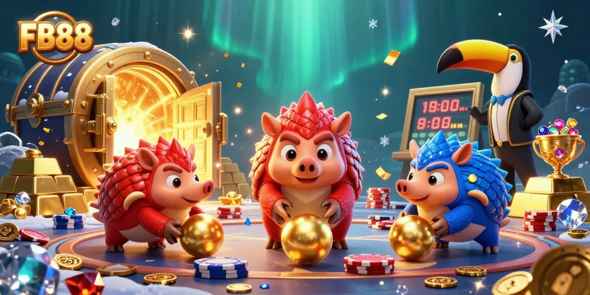 Join the thrilling action at FB88 as pangolins play with golden balls, poker chips, and treasure.