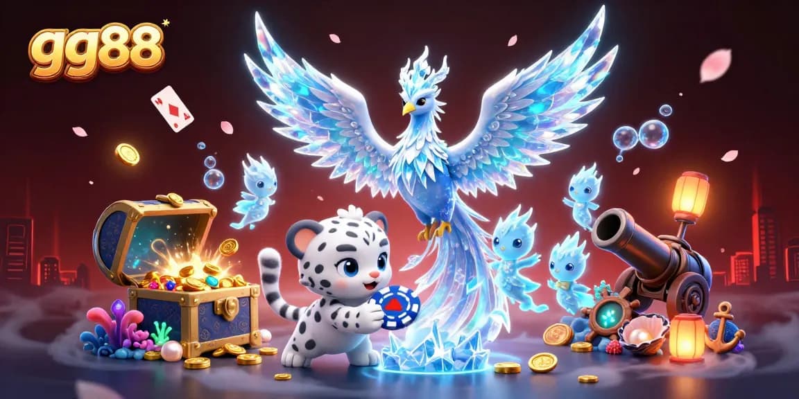 Engage with gg88's vibrant 3D illustration showcasing an enchanting ice phoenix and playful snow leopard in a dynamic casino scene.
