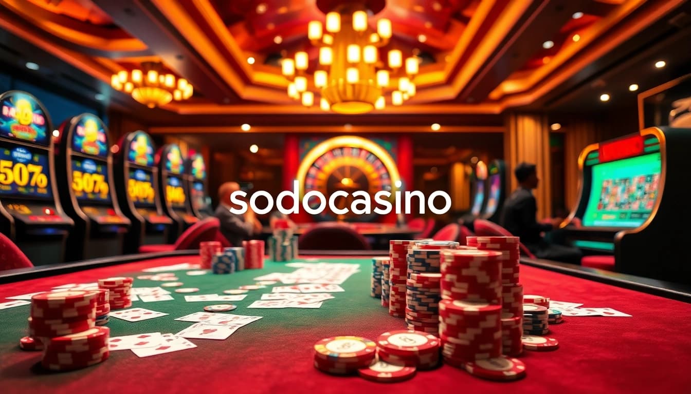 Exciting scene at sodocasino featuring colorful poker chips and slot machines in a luxurious casino atmosphere.