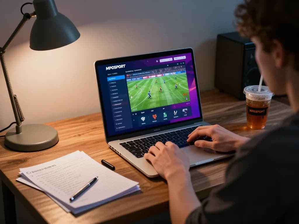 Executing an mposport login on a laptop showing vibrant sports betting options, creating a focused gaming atmosphere.