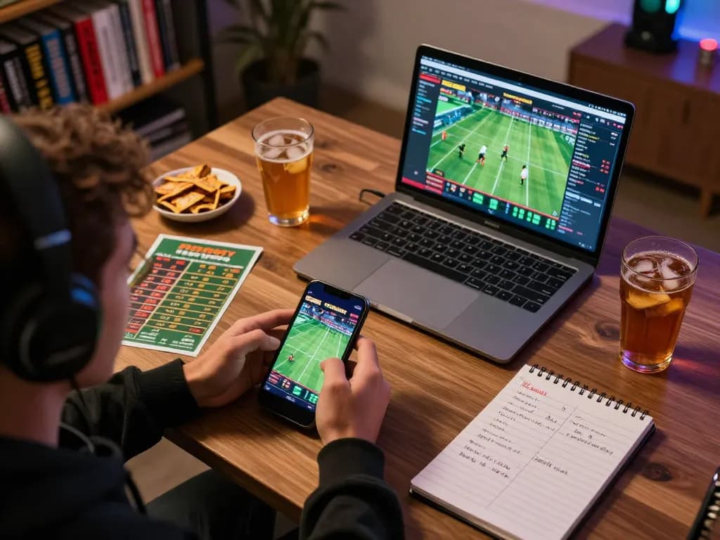 Player utilizing a smartphone to place bets on nn888, surrounded by strategic gaming materials in a cozy setup.