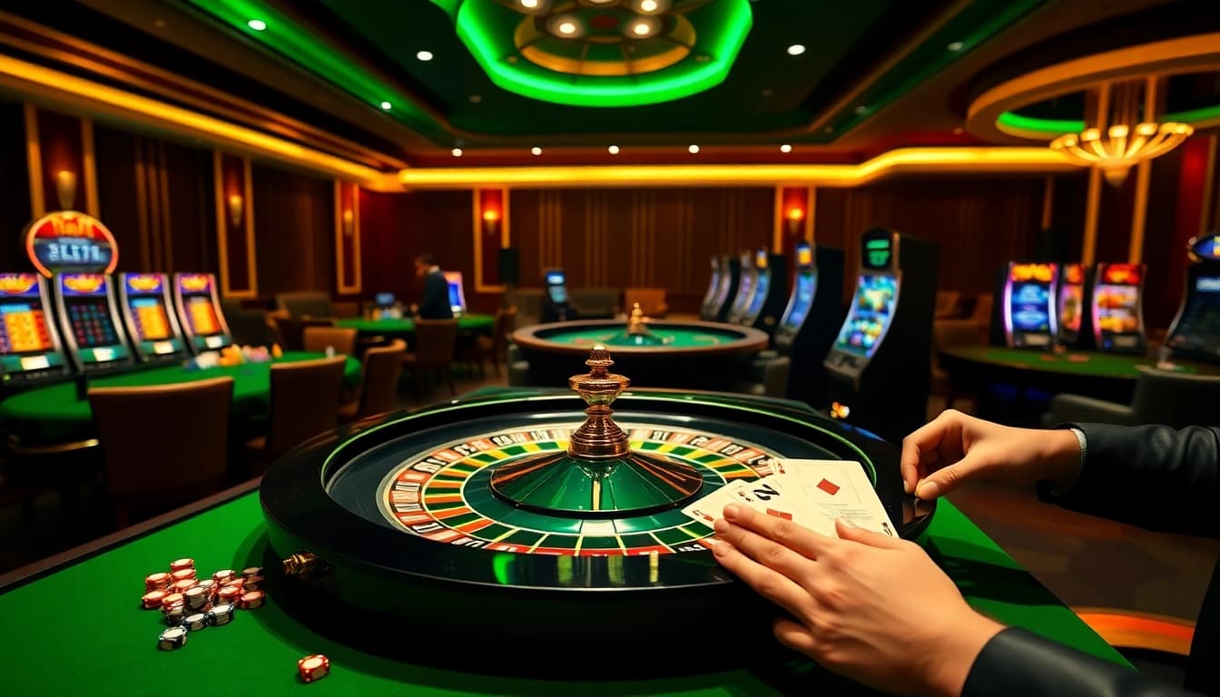 Players engaging with the F8bet online casino interface amidst an upscale casino setting.