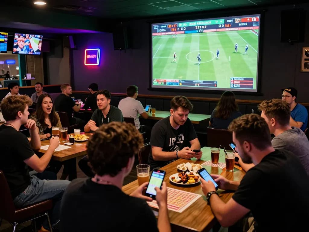 Avid sports fans engaging in sbobet sports betting at a lively bar during a game