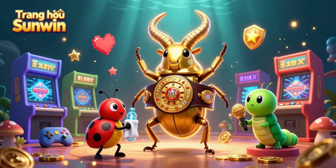 Experience the excitement on Trang chủ Sunwin with a vibrant 3D illustration featuring a golden stag beetle fighter.