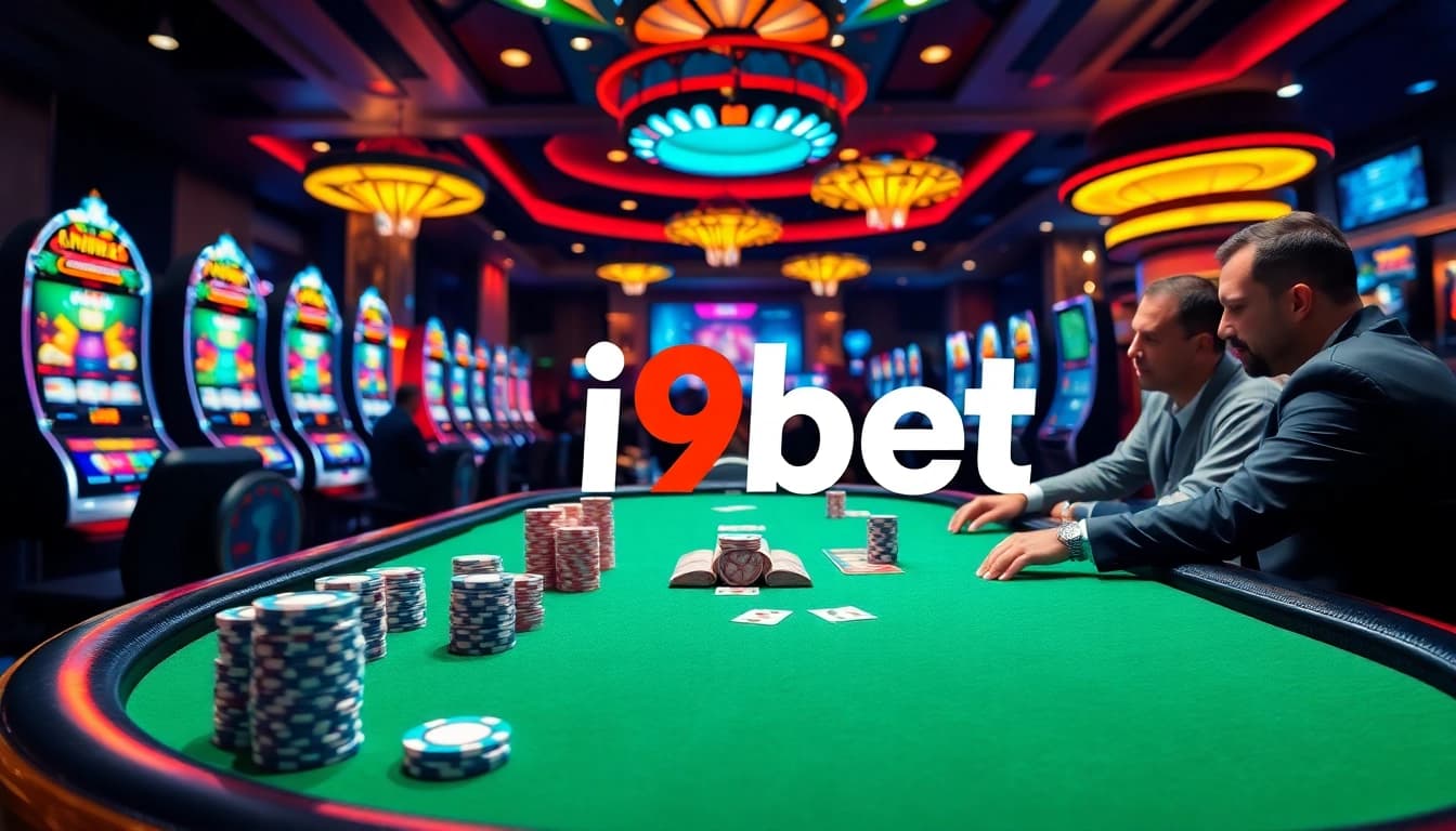 Engaging poker game at i9bet with vibrant slot machines and casino atmosphere.