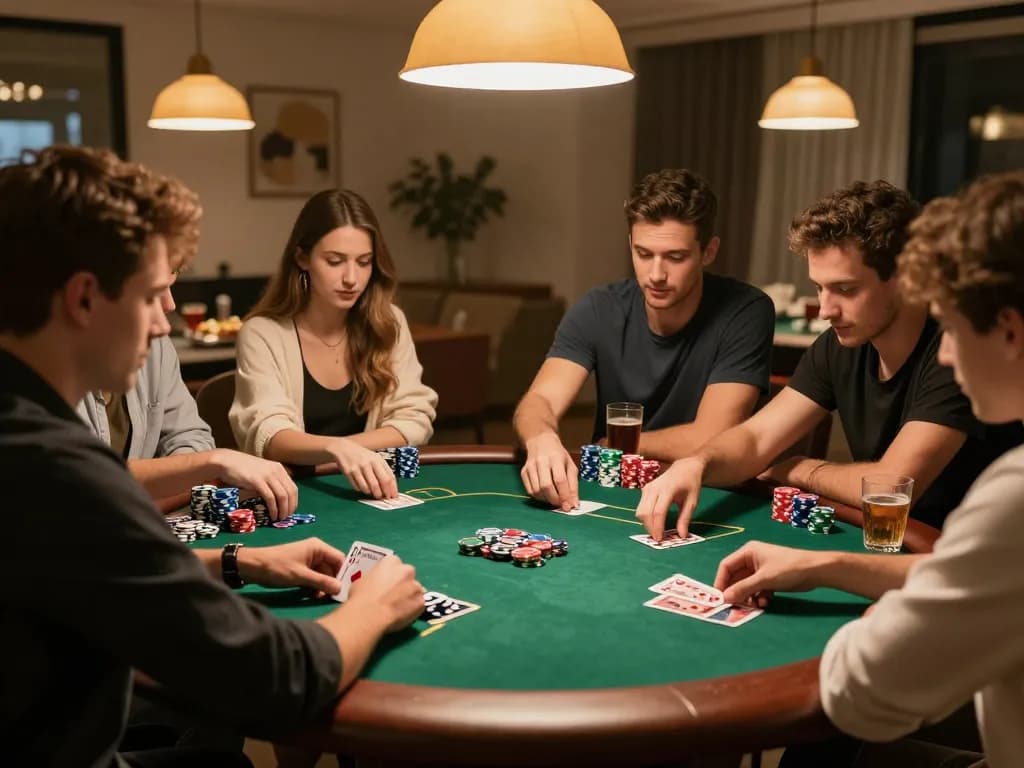 Players enjoy a friendly poker game in a cozy home setting, emphasizing strategic debet management.