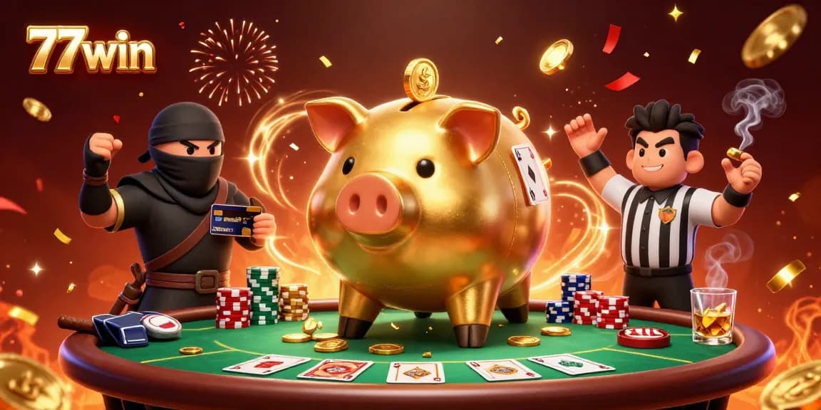 Experience the excitement of gambling with 77win's vibrant 3D casino scene featuring dynamic characters.