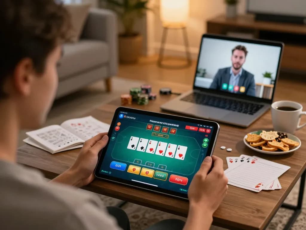Gincal user enjoying online poker on tablet, surrounded by strategy notes in cozy home.