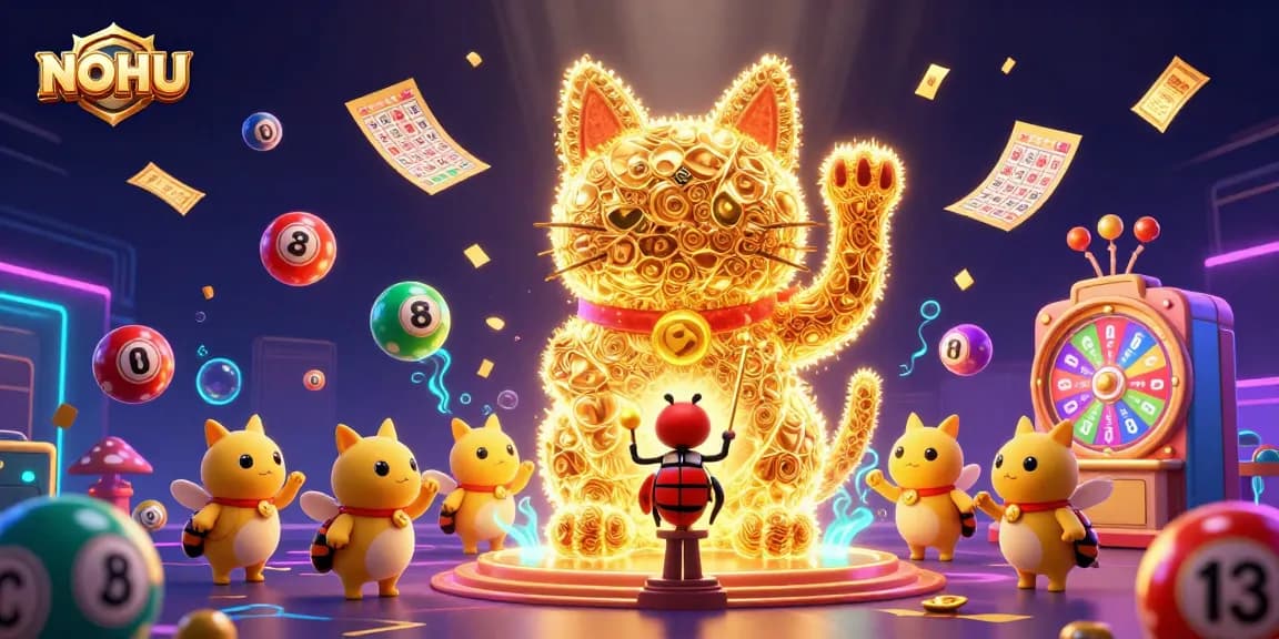Experience the thrill of NOHU with a vibrant 3D scene featuring dynamic casino symbols and a lucky cat.
