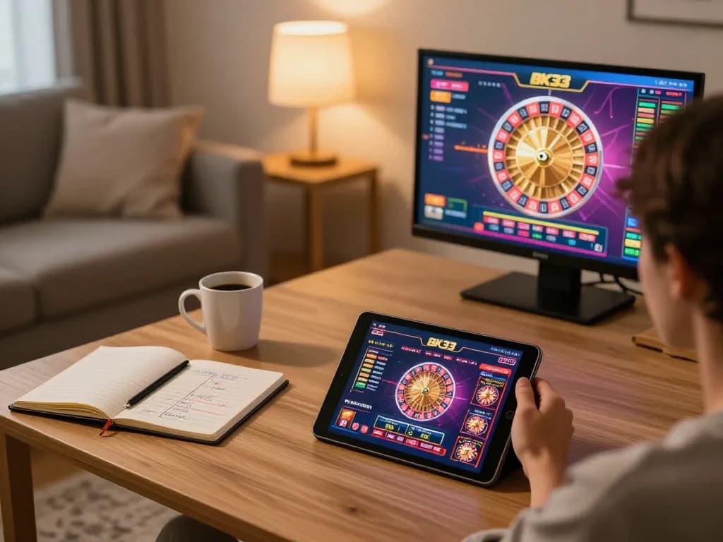 Enjoying BK33 online gaming experience on a cozy home setup with roulette action on the screen.