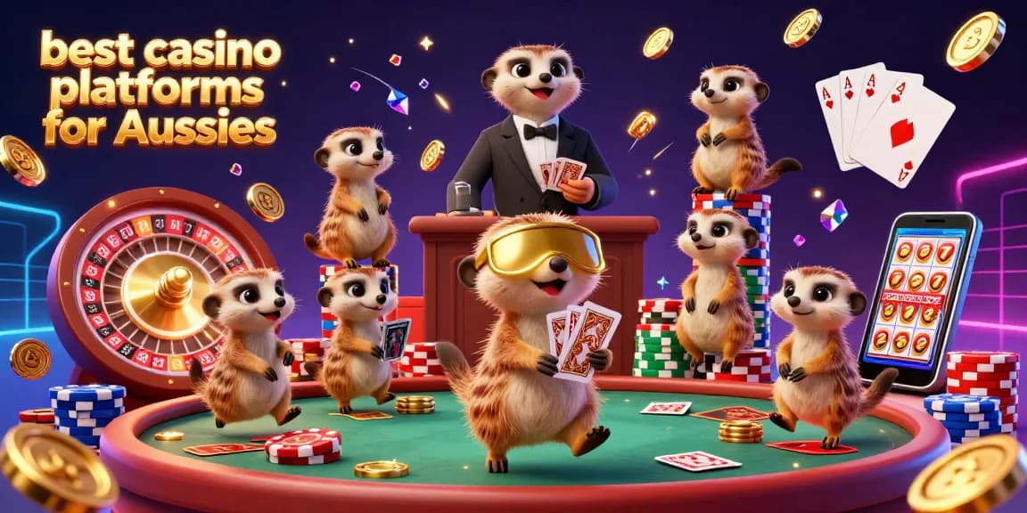 Experience the best casino platforms for Aussies with lively meerkat characters amidst a casino scene filled with action-packed elements.