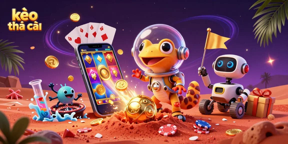 Engage with kèo nhà cái as a Martian gecko explores a golden casino, surrounded by vibrant gaming elements.