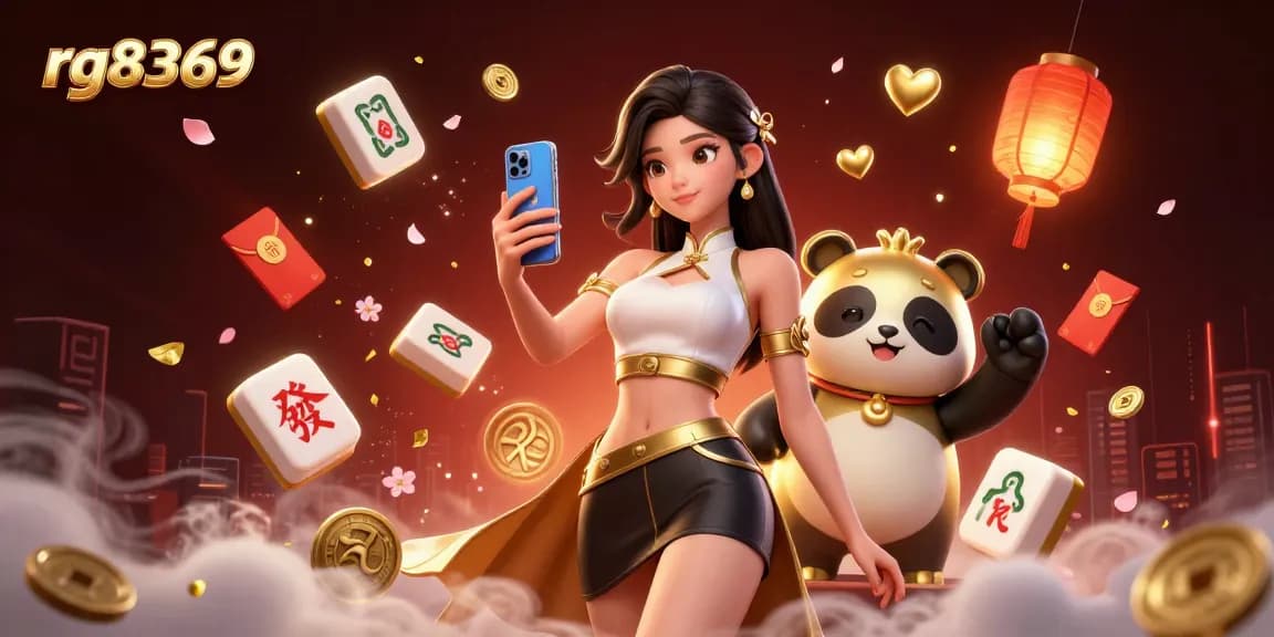 Engaging in exhilarating casino games at rg8369, featuring a woman with a smartphone and a playful panda mascot.