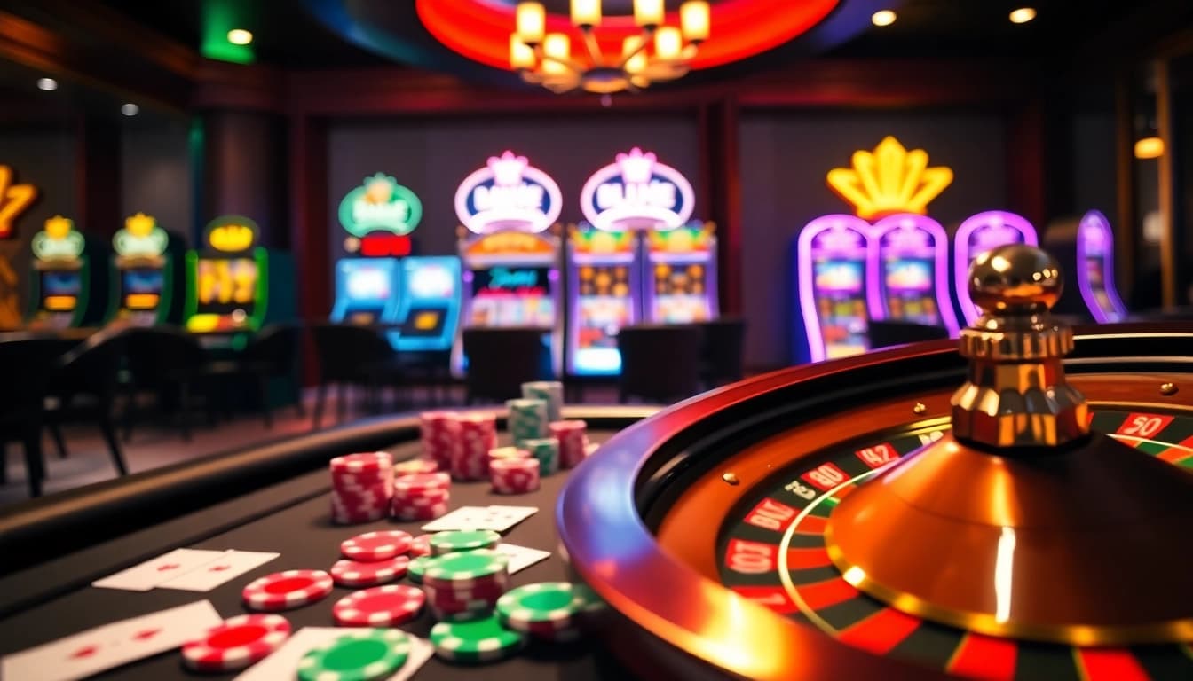 Engaging scene at https://luck882.co.com/ showcasing vibrant casino atmosphere with poker chips and roulette wheel.
