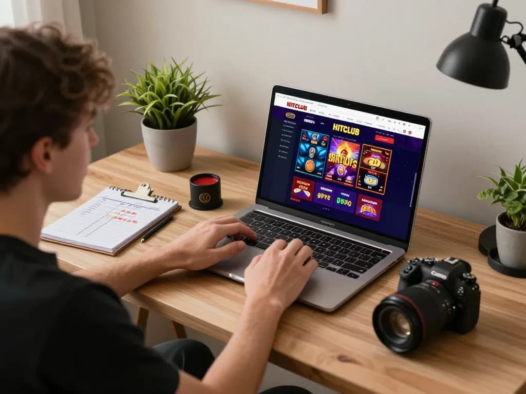 Engaging in online gaming on HITCLUB with a laptop at a stylish home desk.