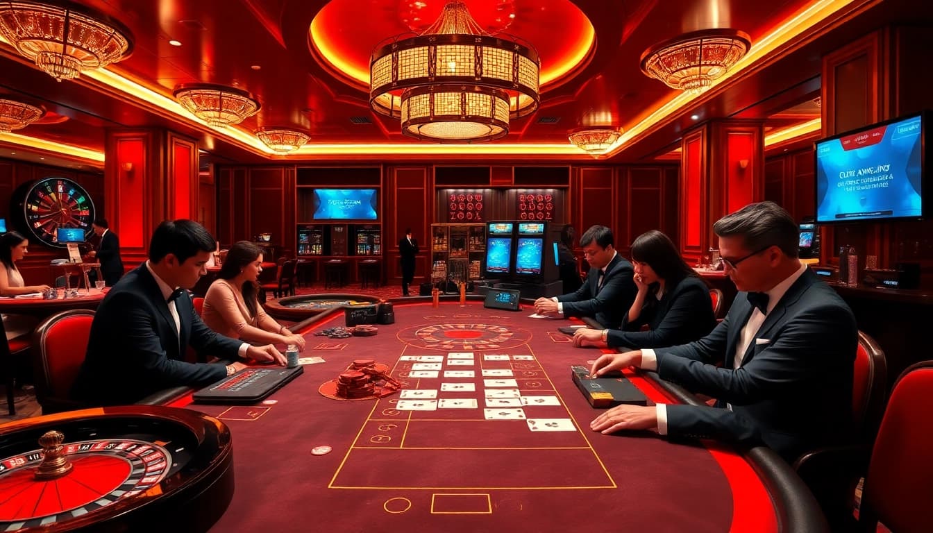 Engaged players enjoying thrilling card games at cổng game hitclub, showcasing excitement and glamour in a luxurious casino setting.