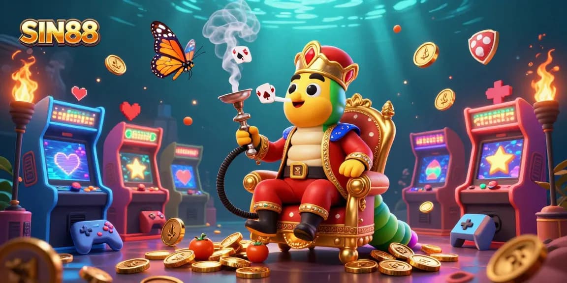 SIN88 showcases a vibrant 3D casino-themed illustration featuring a caterpillar hookah-master, aligned with exciting gaming elements.