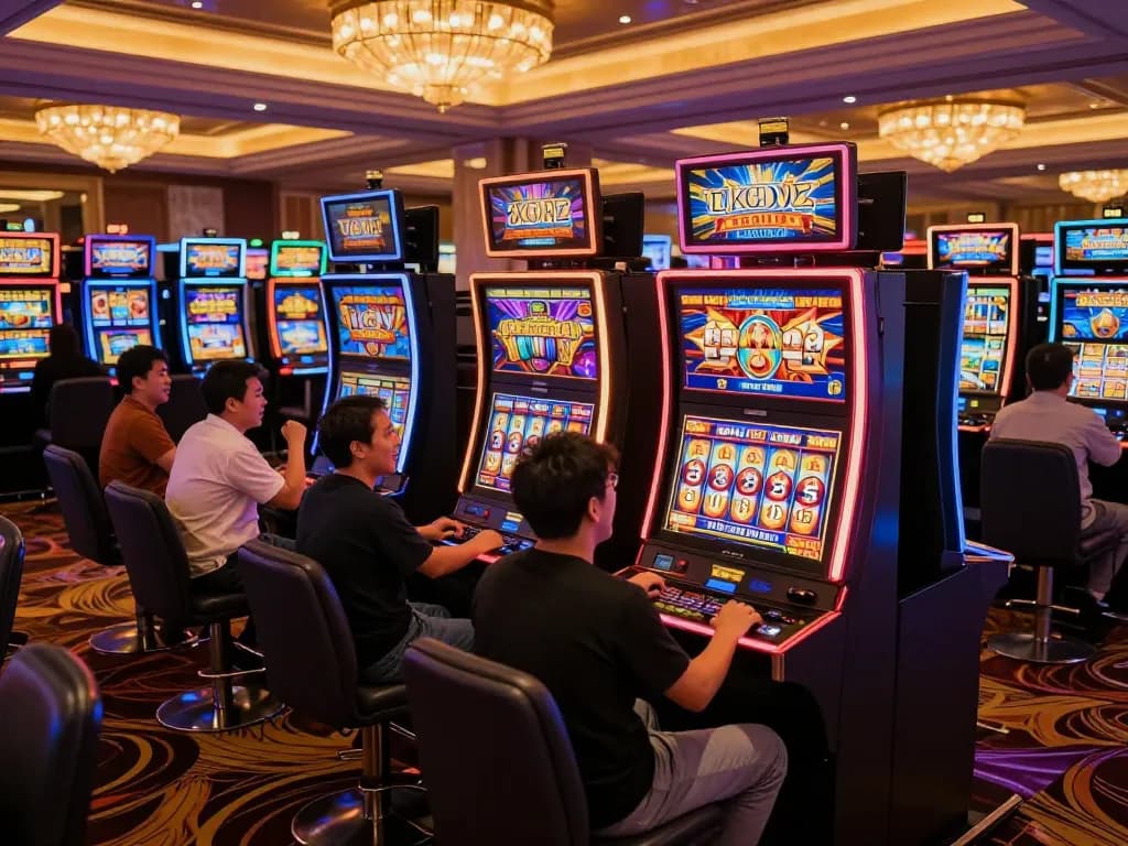 Players experiencing excitement at situs slot gacor machines in a vibrant casino atmosphere.