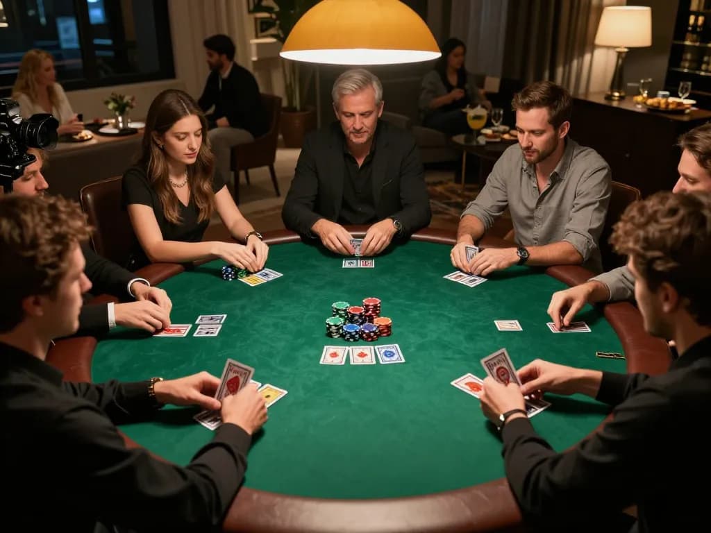 Players engaging in a strategic game of poker at a home event, highlighting 888New casino action.