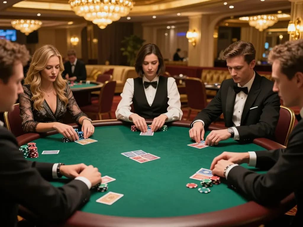 Players strategizing at TIP88's poker table beneath warm casino lighting.
