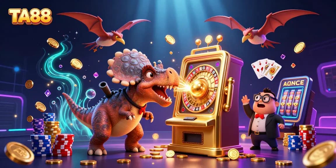 TA88 features a dinosaur hitting a slot machine as golden coins fly around in action.