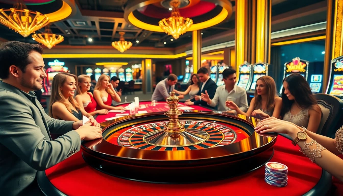 Experience the thrill of the game queen at a luxurious casino table with excited players and vibrant action.